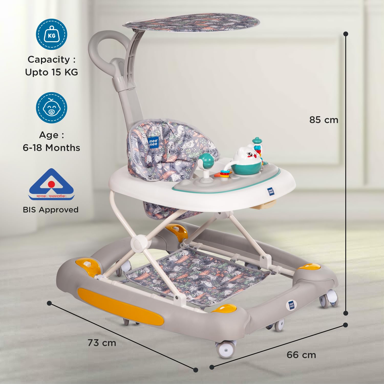 Grey and white Mee Mee baby walker with removable padded seat, adjustable height, and toy tray for infants.
www.usmile.toys
